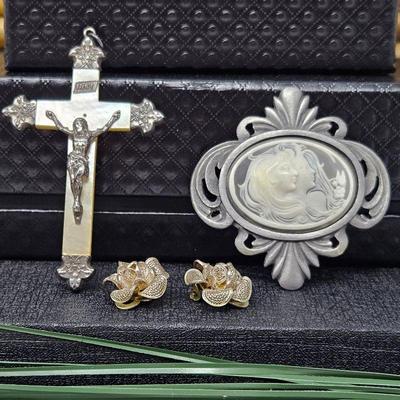 Lot of Three Sterling and Pewter Pieces of Jewelry, Mother of Pearl & Sterling Cross, Cameo Brooch & Vintage Sterling Earrings