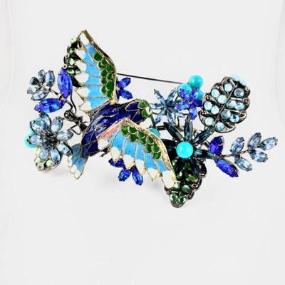 Lot #SB 324 - Amazing Vintage Large Brooch Designed and Made by Lawrence VRBA w/ Crystals and Enamels on Pewter Setting 