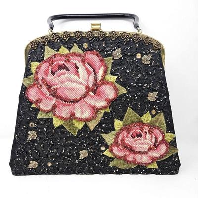 Vintage 1950s SourÃ© Black Tapestry Handbag- Roses Beaded Details Velvet Leaves Brass Hardware Gold Interior