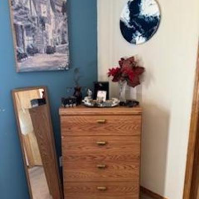 Dresser, artwork, accessories, mirror