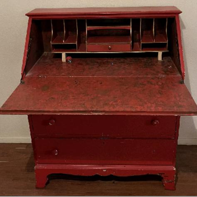 Antique Red Painted Drop Front Secretary Desk