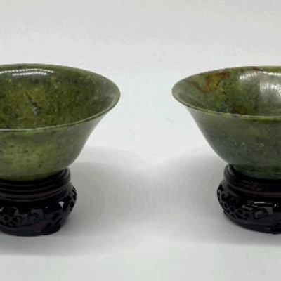 (2) Chinese Jade Bowls on Wooden Stands