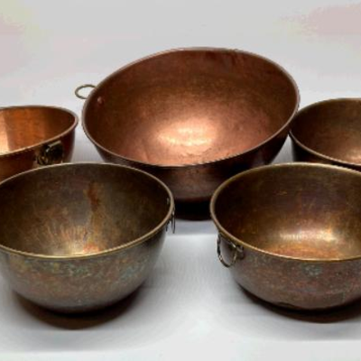 Five Vintage Copper Mixing Bowls