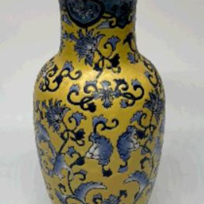 Vintage Chinese Blue and Yellow Porcelain Vase