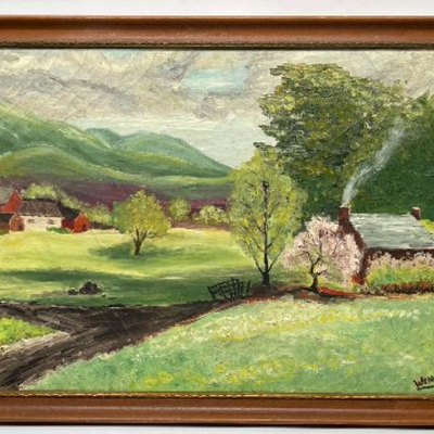 Vintage Original Oil on Canvas. Farm Valley