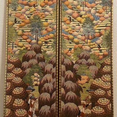 Pair of Tall Vintage Hand Painted Detailed Tropical Panels