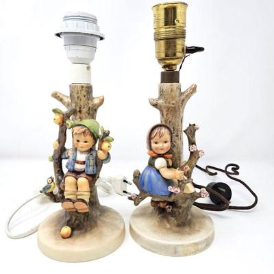 Pair of Vintage Goebel Hummel Lamps, Apple Tree Boy and Apple Tree Girl - Some Flaws Noted