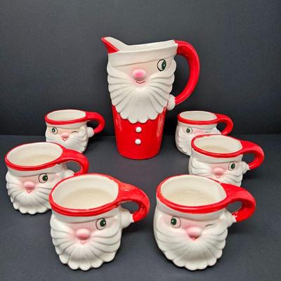 Holt Howard Vintage Christmas Merry Whiskers contemporary Winking Santa Pitcher and 6 mugs (1959)