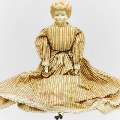 Large 32â€ German China Doll with Cloth Body- Blonde Porcelain Head with Blue Eyes, Porcelain Limbs