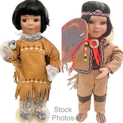  Set of 2 Danbury Mint Native American Porcelain Dolls- by Artist Gregory Perillo- â€œPathfinderâ€ & â€œBird Songâ€