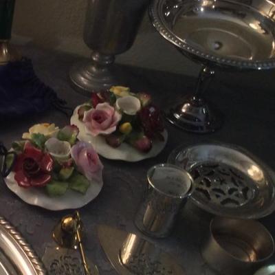 Porcelain flower candlesticks, pewter, silverplate