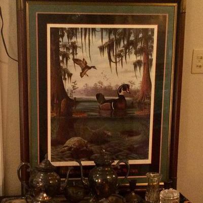 Signed numbered woodland scene with ducks
