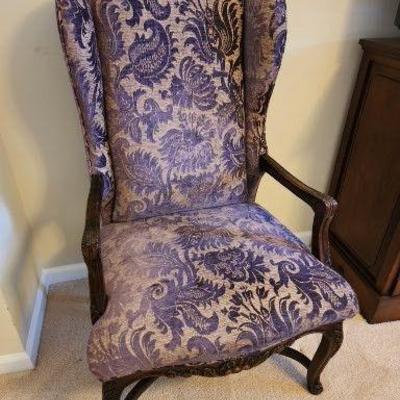 Antique Side Armchair with Beautiful Purple Reupholstered Fabric 