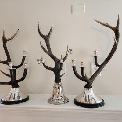 3 Mid Century Horn and Silver Plate Candelabras