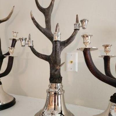 3 Mid Century Horn and Silver Plate Candelabras
