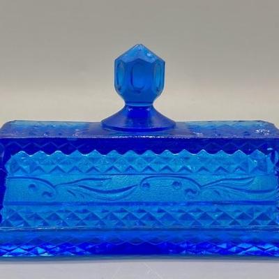 Pressed Blue Glass Covered Butter Dish