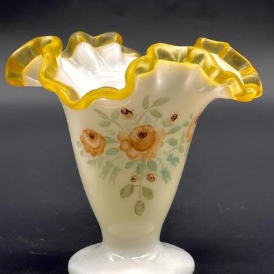 Vtg. Cased White Over Yellow Footed Vase w/ Flower