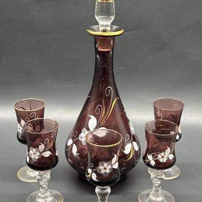 Mid Century Etched Amethyst Decanter Set w 5-Stems
