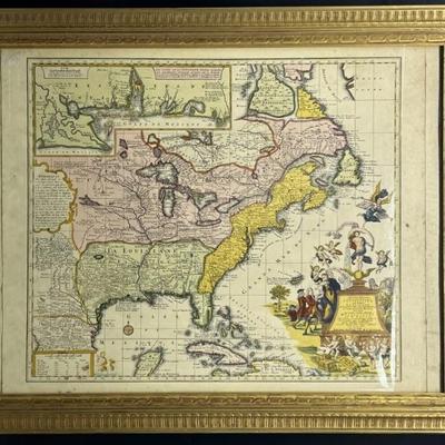 Vtg. Engraved & Hand Colored French New World Map