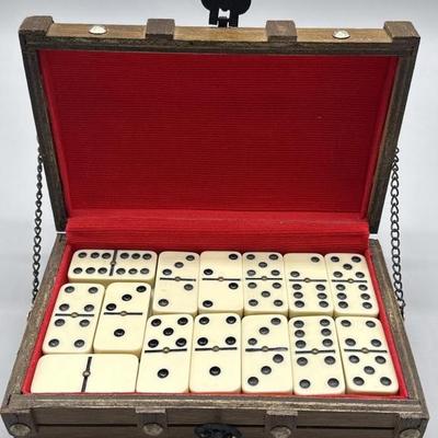 Vtg. Dominoes Set in Wooden Treasure Box w/ Red Lining