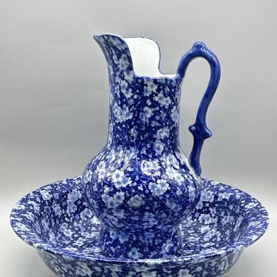(2) Blue & White Porcelain Pitcher & Basin Set 