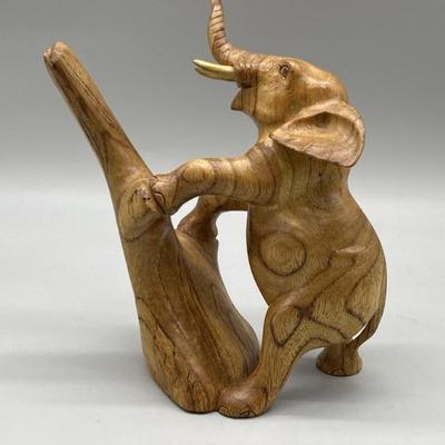 Wood Carved Rearing Elephant Figurine