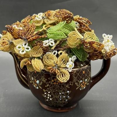 Faux Beaded Flower Arrangement in Teapot
