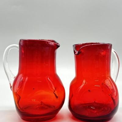 (2) Thick Red Art Glass Pitchers w/ Applied Handle