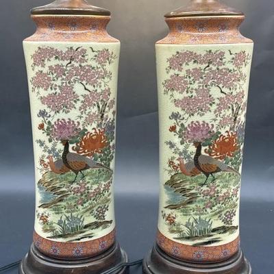 Pair Vintage Asian Phoenix & Cherry Blossom Lamps