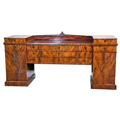 IMPRESSIVE FLAME MAHOGANY SIDEBOARD | Aesthetic period, beautifully figured wood with inlay shield escutcheons and a carved rail. - l. 89...