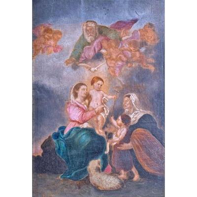 ANTIQUE PRIMITIVE RELIGIOUS SCHOOL PAINTING | Oil on board. 7.2 5X 11.75 in, board. - l. 13 x w. 16 in (frame)
