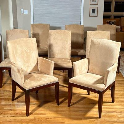 (8PC) CHELSEA MAHOGANY DINING CHAIRS | Including: 2 mahogany armchairs and 6 dining chairs upholstered in champagne suede. - l. 24.75 x...