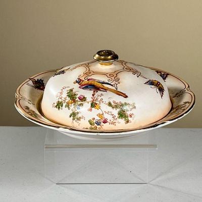 DUCAL CROWN WARE LIDDED BOWL | Lidded ceramic bowl decorated with birds, insects and flora & fauna with gilt accents. - h. 4 x dia. 9.5 in
