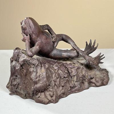 CAST IRON LOUNGING FROG SCULPTURE | Cast iron sculpture of frog with its legs crossed reclining Hand made by Maitland-Smith LTD in...