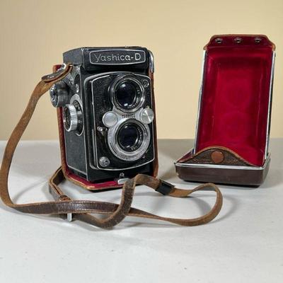 YASHICA-D CAMERA & LEATHER CASE | Yashica-D multi-lense camera with leather carrying case stamped â€œMade in Japanâ€. - l. 4.5 x w. 3.5...