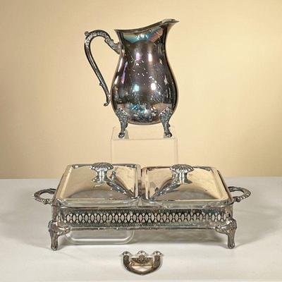 (5PC) MIXED SILVER PLATE | Including Sheffield piece, Leonard Silverplate pitcher, and silver plate serving dish with 2 Pyrex dishes with...