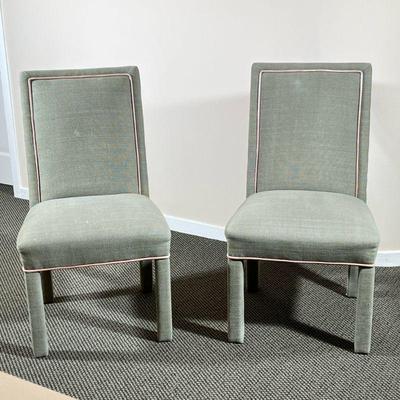PAIR GREEN UPHOLSTERED SIDE CHAIRS | l. 26 x w. 22 x h. 37 in

