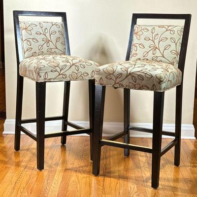 (2PC) PAIR MACINTOSH PATTERNED BARSTOOLS | Pair of Macintosh barstools with olive upholstery and brown floral pattern over black wood...