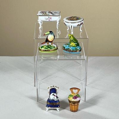 (6PC) MINIATURE LIMOGES CERAMICS | Including: miniature ceramic tables with removable lid decorated with flora & fauna, birds, and...