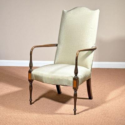 PERIOD FEDERAL ARMCHAIR | Reupholstered on Pierre Frey fabric; tapering arms with bulbous carvings with stop fluting raised on turned...