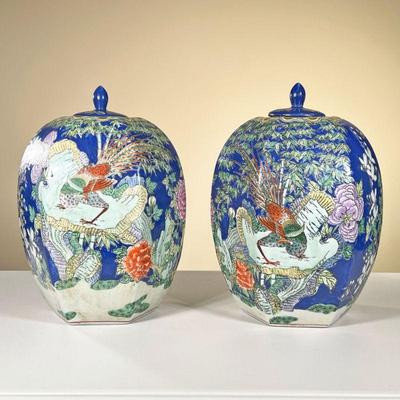 PAIR JAPANESE BLUE ENAMELED GINGER JARS | Decorated with peacocks among flowering branches on a blue ground. - h. 12.5 x dia. 10 in
