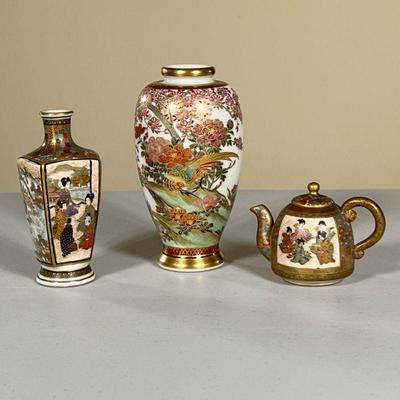 (3PC) JAPANESE SATSUMA CERAMICS | Including miniature hand-painted teapot, small vase showing 4 scenes in reserve, and larger vase...