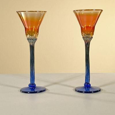 COLORFUL HAND-BLOWN WINE GLASSES | Hand-blown blue and orange wine glasses. - h. 1 x dia. 4 in
