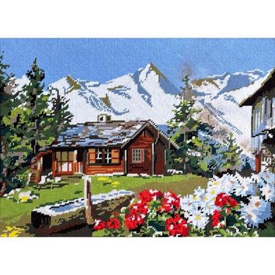 NEEDLEPOINT OF AN ALPINE CABIN | w. 21 x h. 16 in

