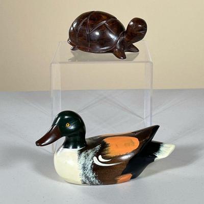 HAND CARVED & PAINTED DUCK & TURTLE FIGURINE | Including hand carved & painted duck signed, numbered, and dated on the bottom, and carved...