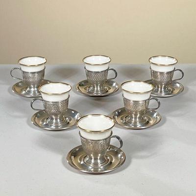 STERLING SILVER DEMITASSE CUPS & SAUCERS WITH LENOX LINING | Sterling silver demitasse cups and saucers with ceramic Lenox lining with...