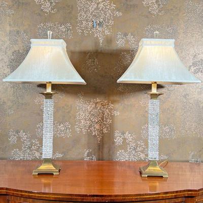 PAIR BRASS & GLASS TABLE LAMPS | Having texture glass square columns with brass bases and faux candle tops; beautiful! - l. 16 x w. 16 x...