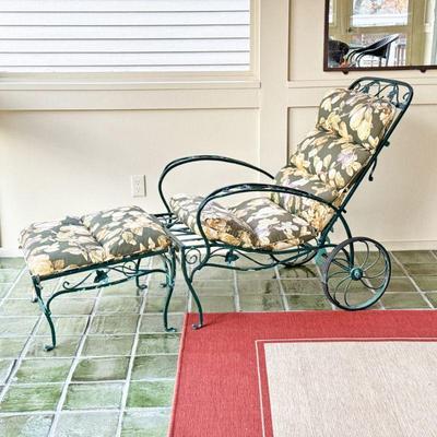 WROUGHT IRON OUTDOOR LOUNGER | Outdoor lounger with adjustable back angle and separate ottoman. Decorated with wrought iron vinework. -...