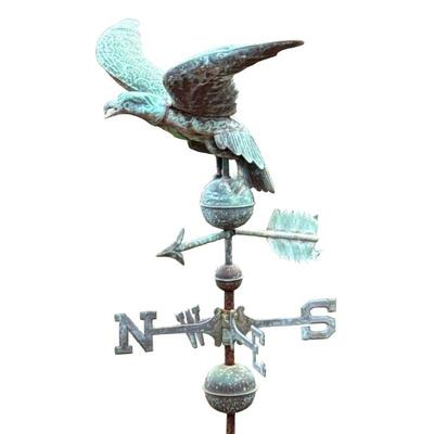 ANTIQUE EAGLE WEATHER VANE | Antique copper weather vane topped with copper eagle figurine with wings spread on top of a rotating arrow...