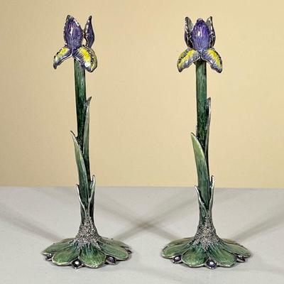 (2PC) PAIR FLORAL CANDLESTICKS | Pair of ceramic-painted metal candlesticks in the shape of a blooming flower. - h. 9 x dia. 3.25 in
